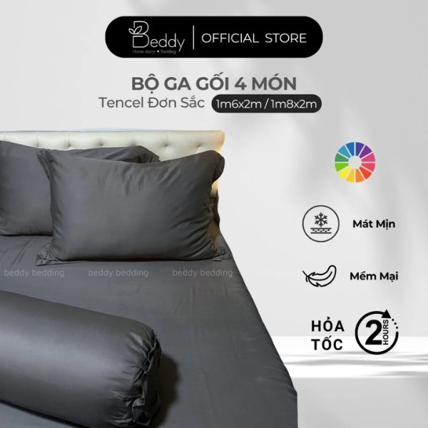 [4 Món] Bộ Ga Gối Tencel Lyocell Đơn Sắc Beddy Bedding Cao Cấp Mềm mịn, Thoáng mát