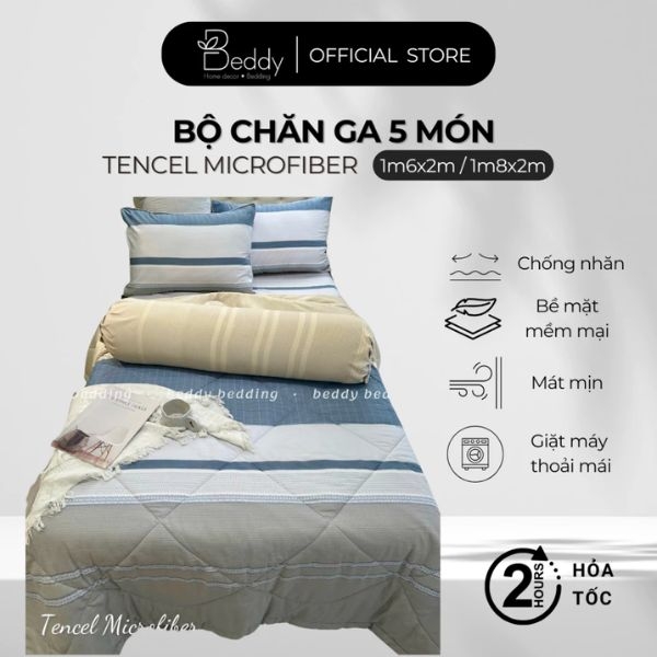 [5 Món] Bộ Chăn Ga Gối Tencel Microfiber Beddy Bedding Cao Cấp, Chống Nhăn, Mát Mịn