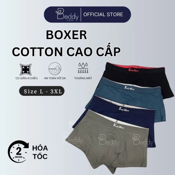 [Boxer 4 Cái Đủ Màu ] Quần lót Boxer Nam COTTON Beddy Care Thoáng mát, Co giãn, Thấm hút tốt