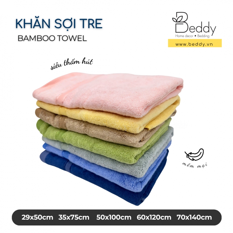 [Đủ Size] Khăn Tắm Sợi Tre (Bamboo) Beddy Care Kháng Khuẩn, Mềm Mịn, Siêu Thấm Hút, an toàn cho da