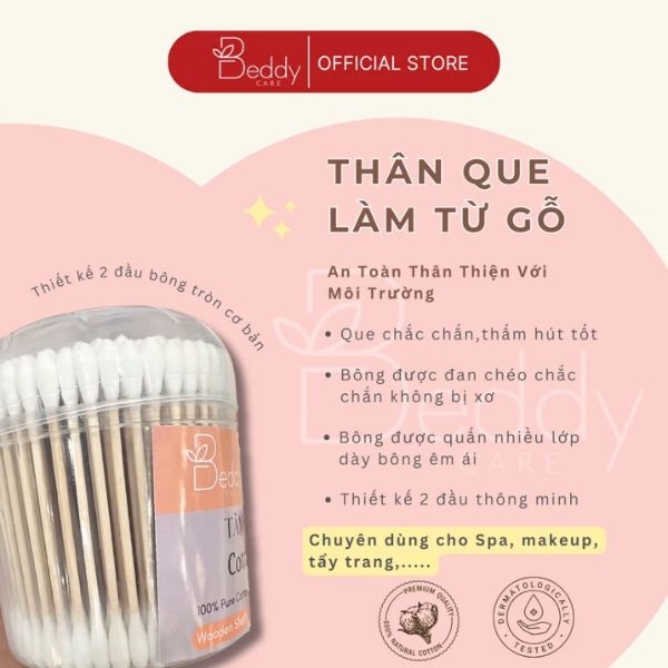 [Que gỗ 2 đầu tròn] Tăm Bông ngoáy tai Beddy Care Que Gỗ đa năng cứng cáp, tiện lợi, vệ sinh
